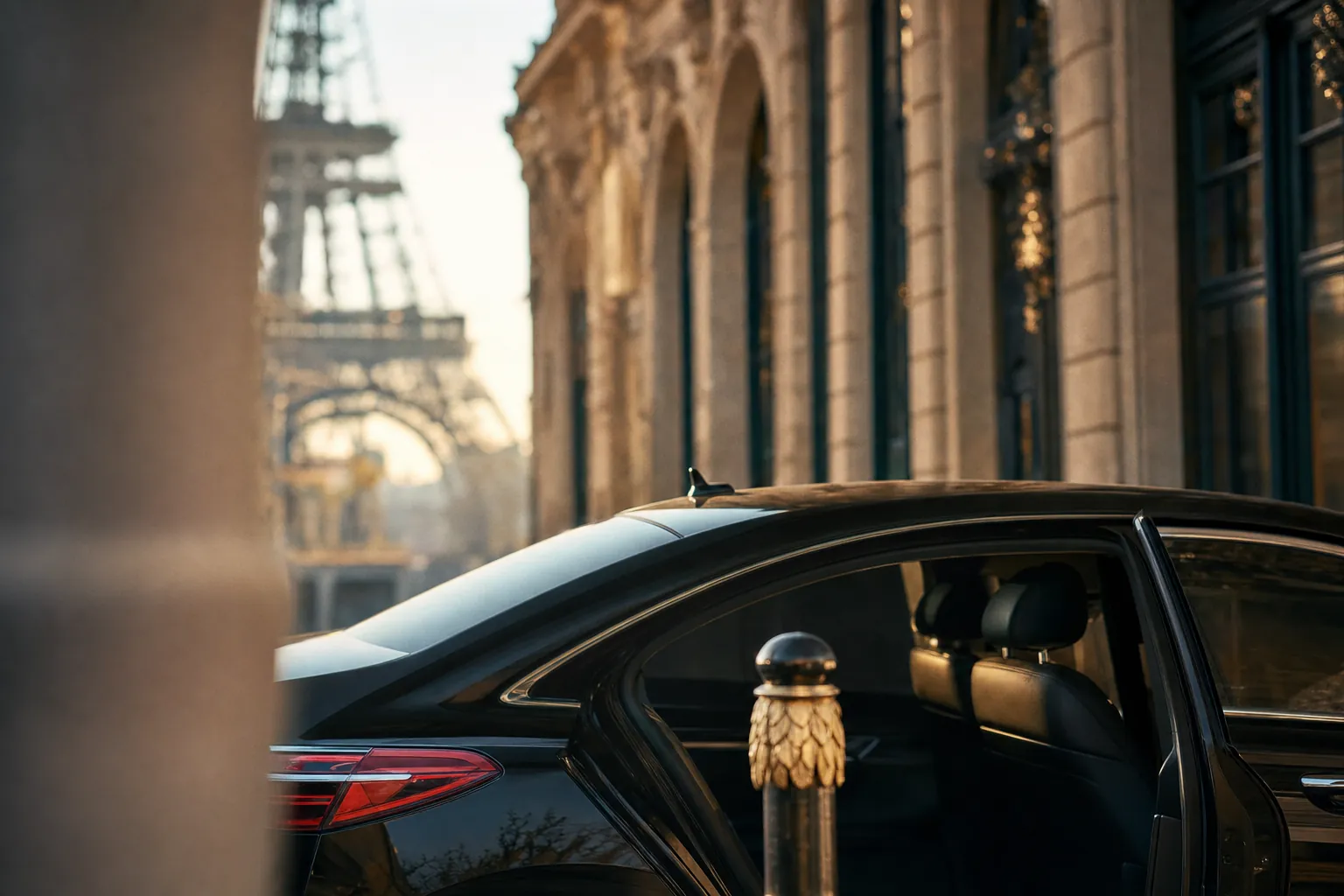 Habitacle luxueux d'une berline noire, lumière dorée tamisée évoquant le métier de chauffeur privé VTC haut de gamme à Paris