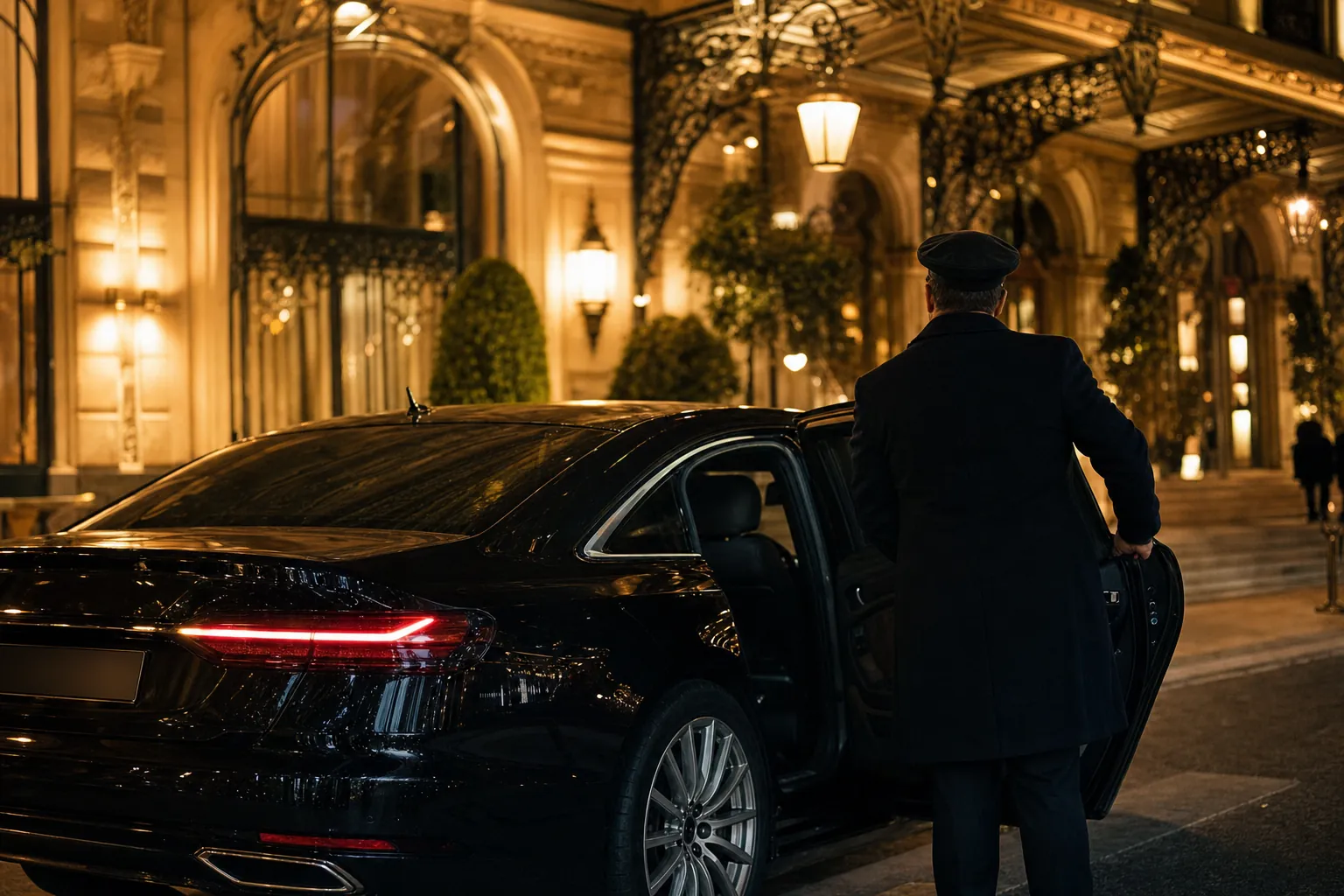 vue de trois quarts arriere d'une berline noire immobile devant la facade eclairee d'un hotel parisien la nuit, reflets