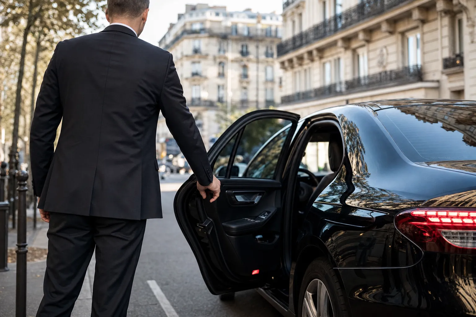 plan de dos d'un chauffeur en costume sombre ouvrant la portiere arriere d'une berline noire au capot laque, sur une avenue
