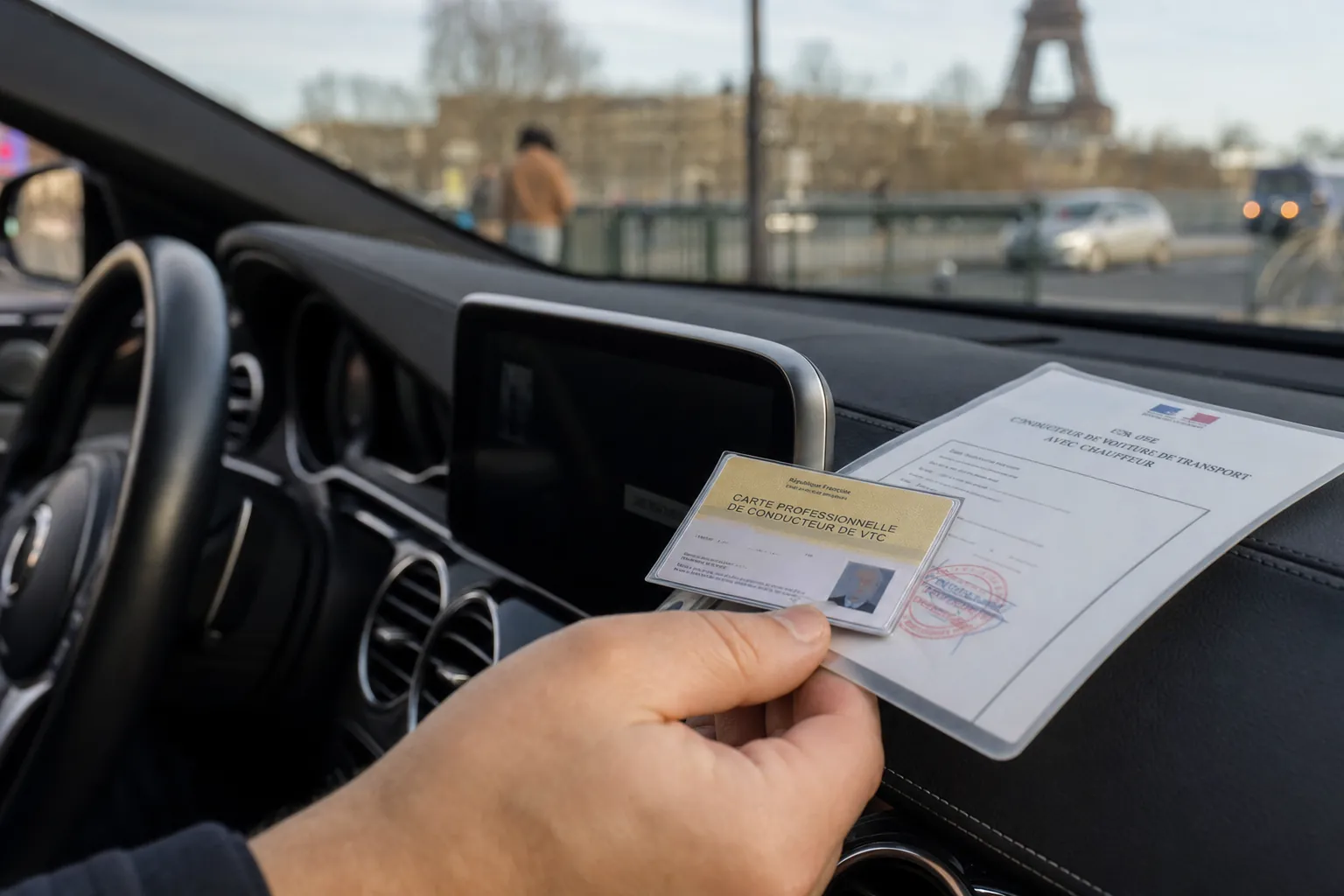 gros plan sur une carte professionnelle plastifiee et un document reglementaire tamponne poses sur le cuir d'un tableau