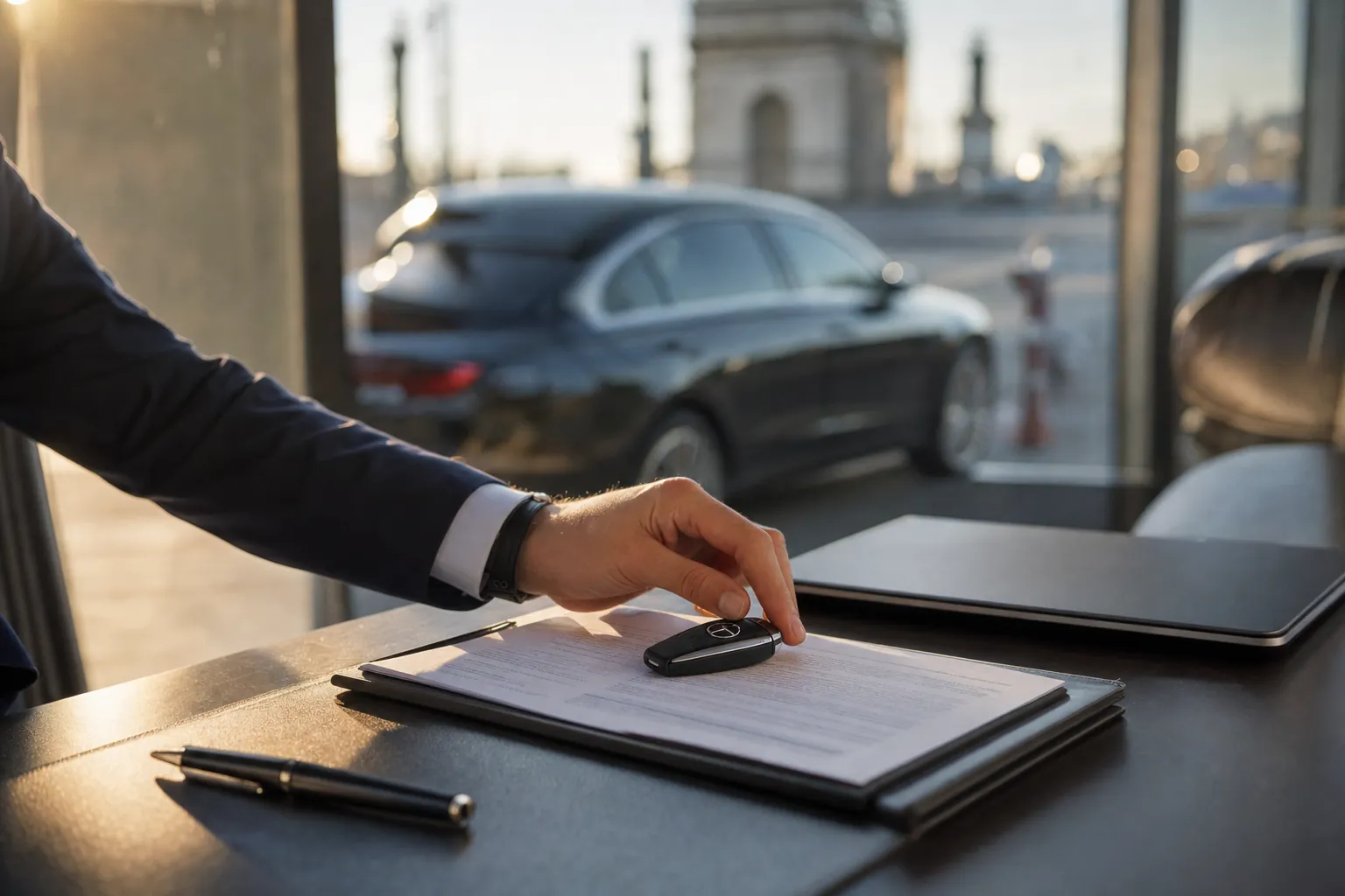 mains posant une cle de vehicule sur un contrat pose a cote d'un ordinateur portable ferme et d'un stylo, lumiere rasante