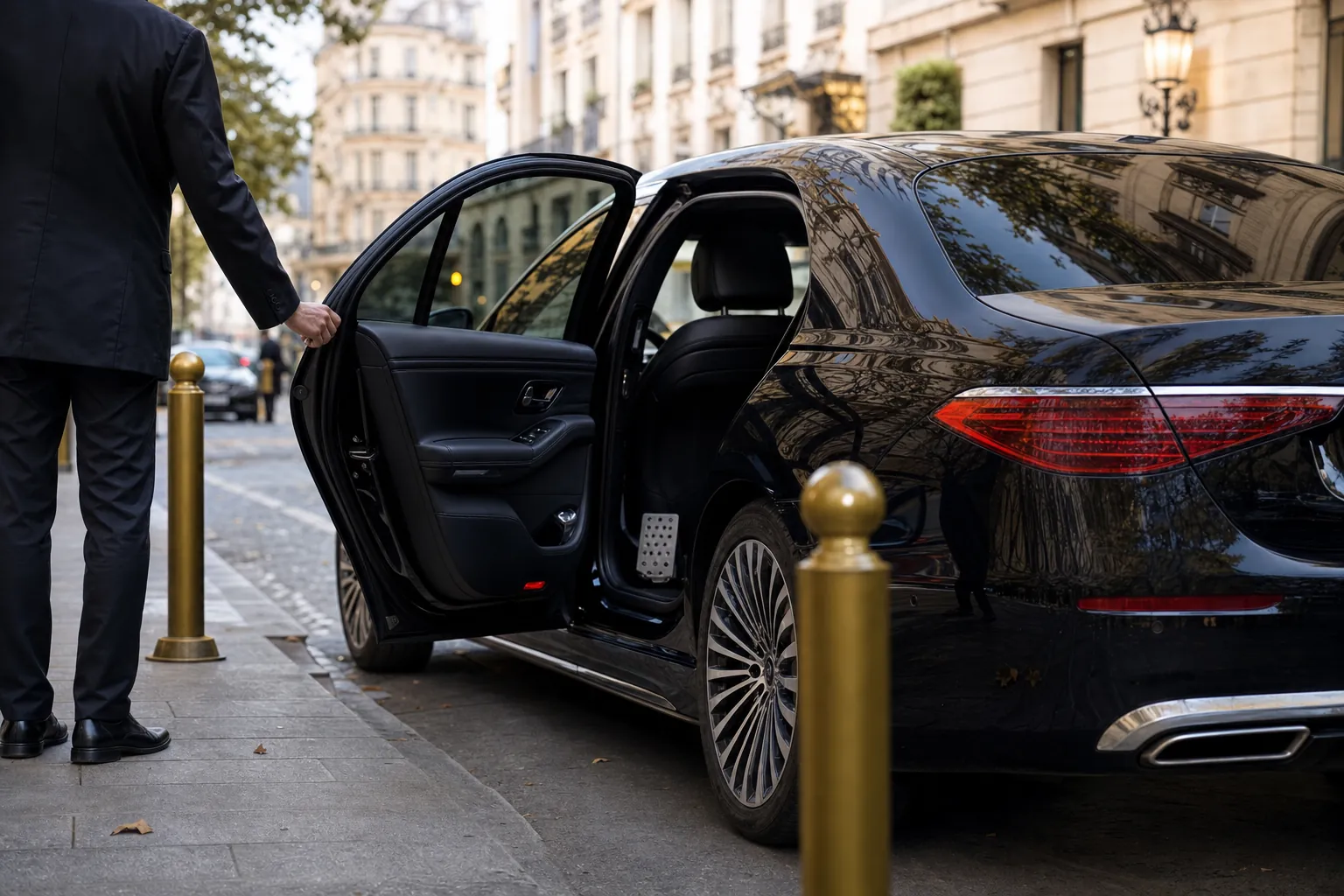 vue de trois-quarts arrière sur une berline noire à double commande stationnée le long d'une avenue parisienne, la pédale
