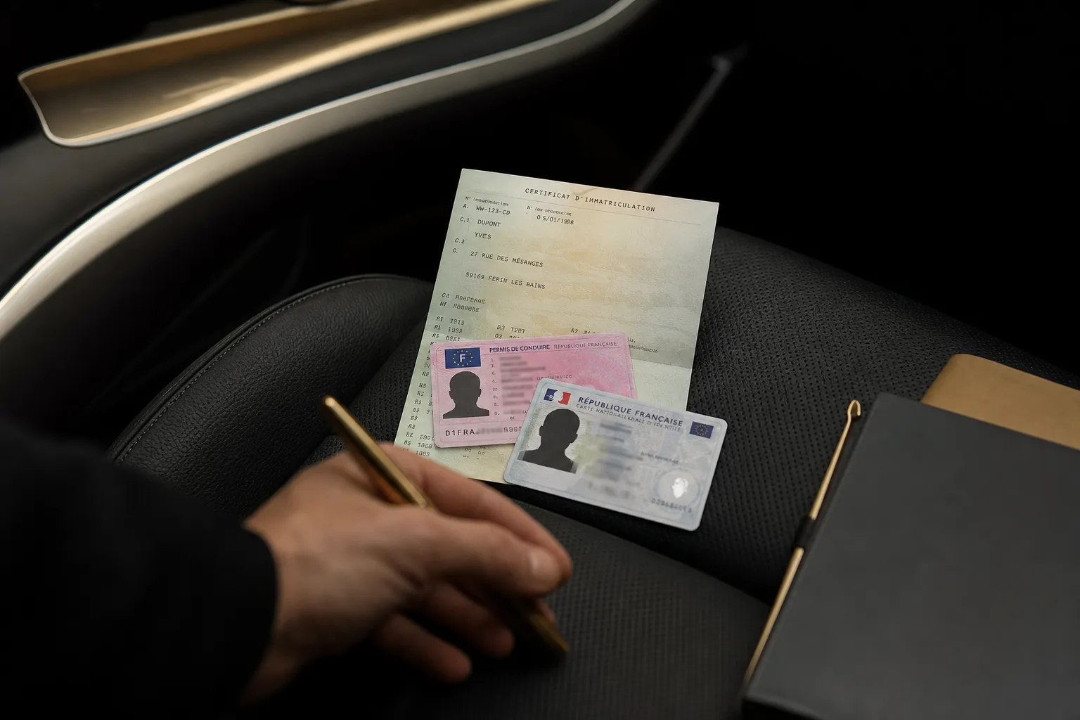 plan serré sur une carte grise, un permis de conduire et une pièce d'identité posés en éventail sur le cuir noir d'un siège
