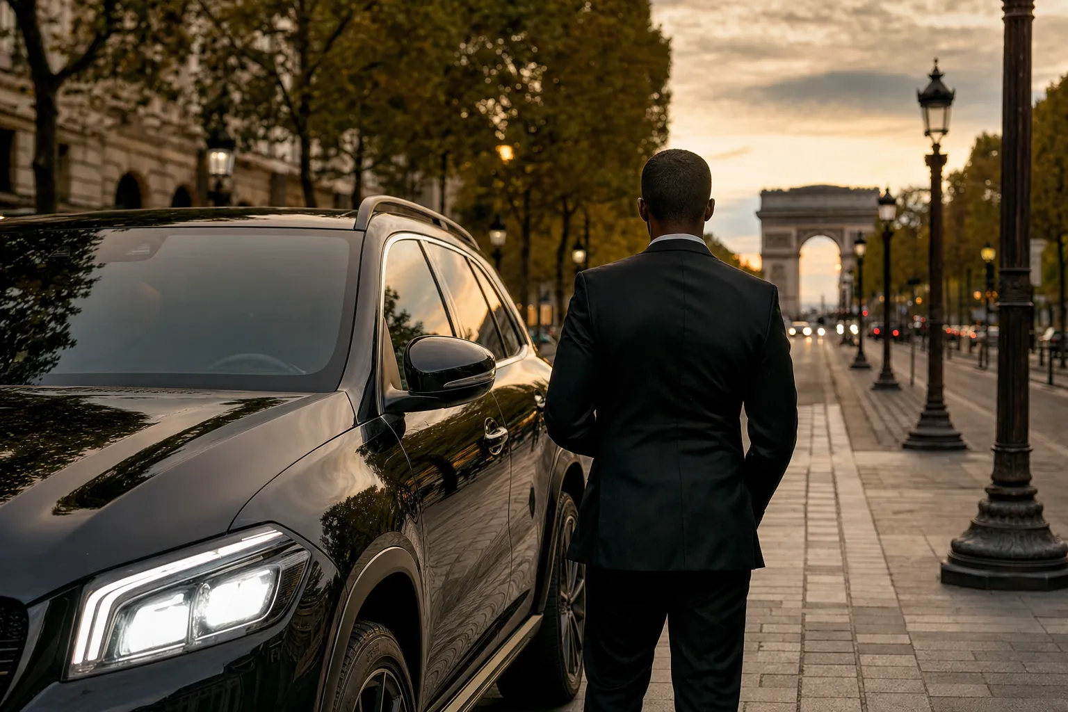vue de dos d'un chauffeur en costume sombre debout près de l'aile avant d'un SUV noir garé face aux Champs-Élysées