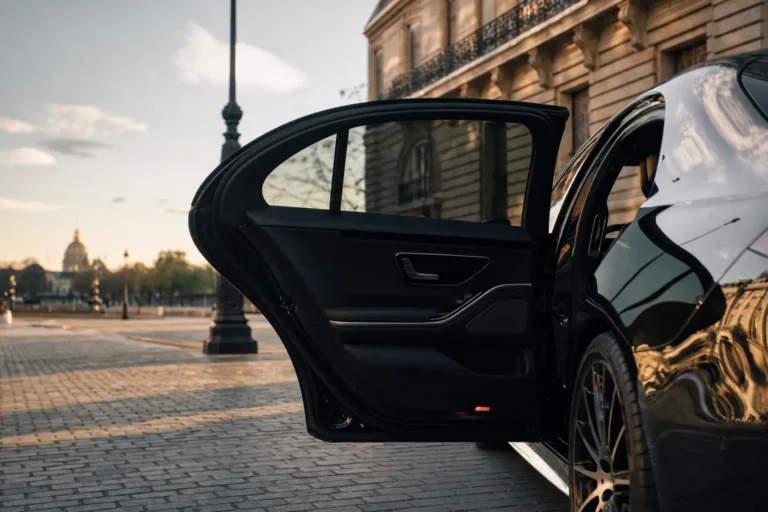 Intérieur luxueux d'une berline noire, évoquant l'univers du chauffeur privé haut de gamme à Paris