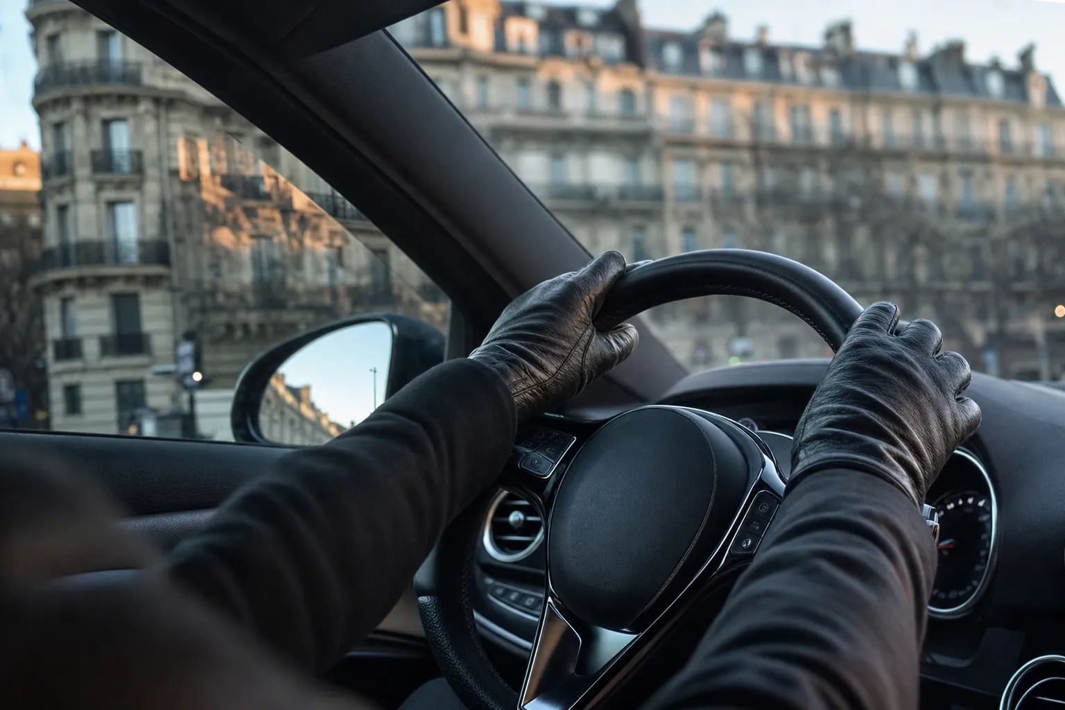 plan serre sur des mains gantees de cuir tenant le volant d'une berline noire, reflets des facades d'immeubles haussmanniens