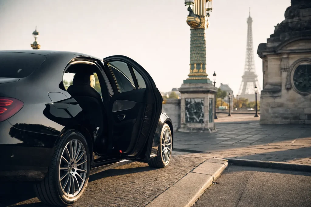 Berline noire haut de gamme stationnée à Paris, ambiance urbaine élégante évoquant la réglementation voiture VTC